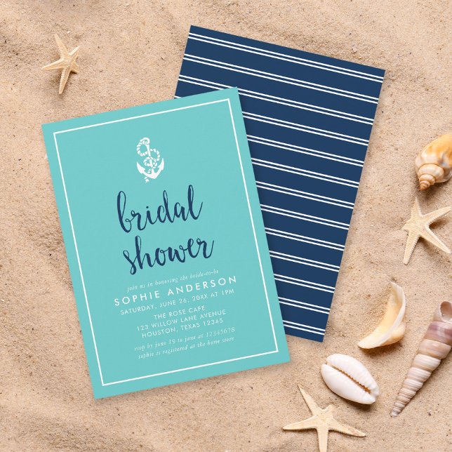 Anchor Turquoise and Blue Script Bridal Shower Invitation (Creator Uploaded)