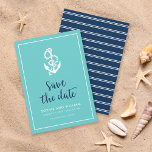 Anchor Turquoise and Blue Script Save the Date<br><div class="desc">Stylish Nautical Save the Date featuring an anchor and the words "save the date" in a stylish blue script against a turquoise background with a white border. Card has a white stripes pattern against a blue background back side. Check out other wedding items here https://www.zazzle.com/rosewoodandcitrus/gifts?cg=196540141241316965&rf=238364477188679314 Personalise it by replacing the...</div>