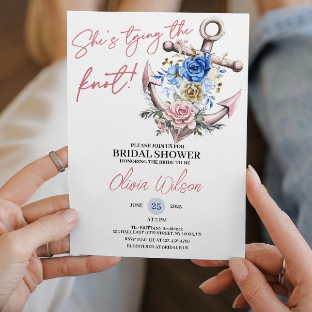 Anchor Tying the Knot Nautical Bridal Shower  Invitation (nautical bridal shower cute pink destination elegant modern tropical coastal beachy classic roses )
