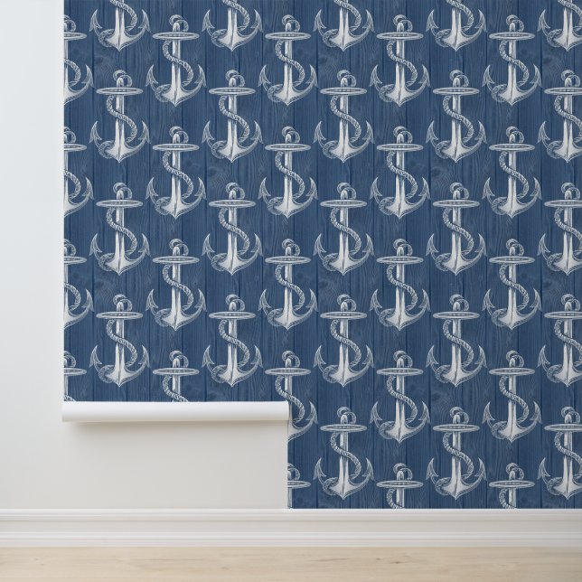Anchor Vintage Blue Wood Beach Wallpaper (Application)