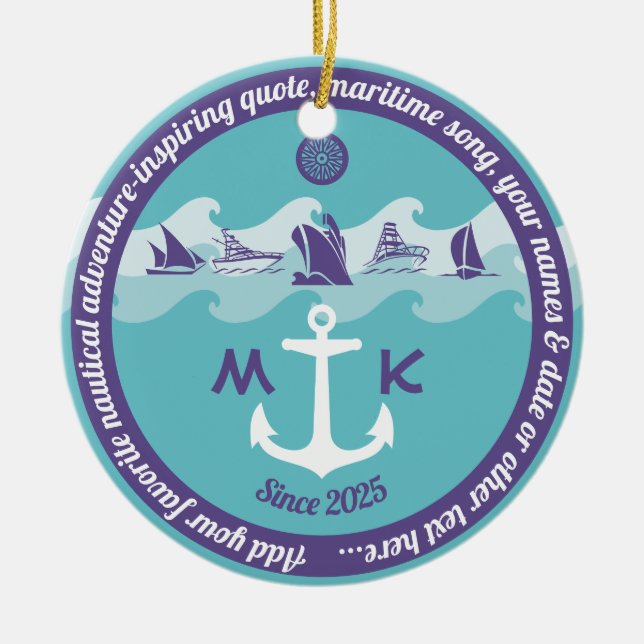 Anchor Waves Nautical Ship Boat Yacht Monogram Ceramic Tree Decoration (Front)