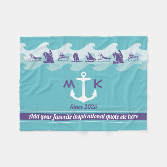 Anchor Waves Nautical Ship Boat Yacht Monogram Fleece Blanket (Front (Horizontal))