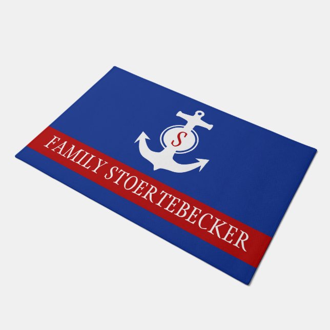 Anchor white + your name & monogram doormat (Angled)