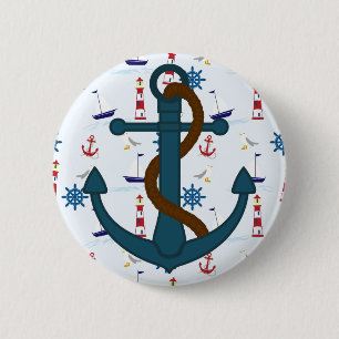 Anchor with blue lighthouse print Pinback Button