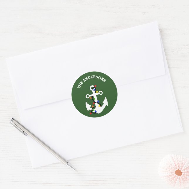 Anchor with Christmas Lights Nautical Classic Round Sticker (Envelope)