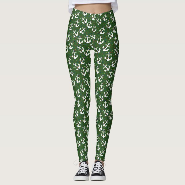 Anchor with Christmas Lights Nautical Leggings (Front)