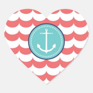 Anchor with Coral Waves Pattern Heart Sticker