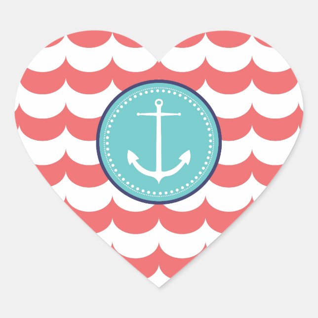 Anchor with Coral Waves Pattern Heart Sticker (Front)