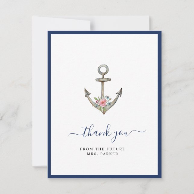 Anchor with Flower Bridal shower Flat  Thank You Card (Front)