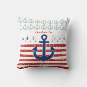Anchor with red stripes, nautical personalised cushion