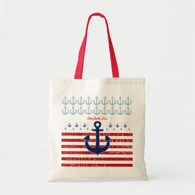 anchor with red stripes, nautical & personalized tote bag (Front)