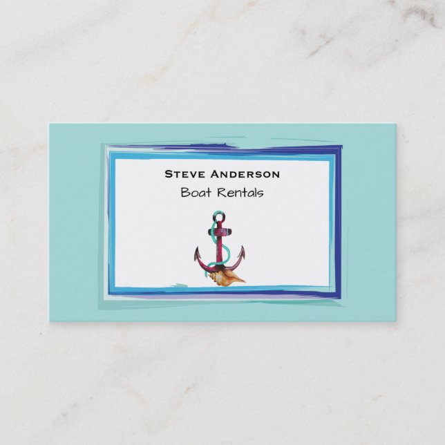 Anchor With Rope And Seashell on Green Background Business Card (Front)
