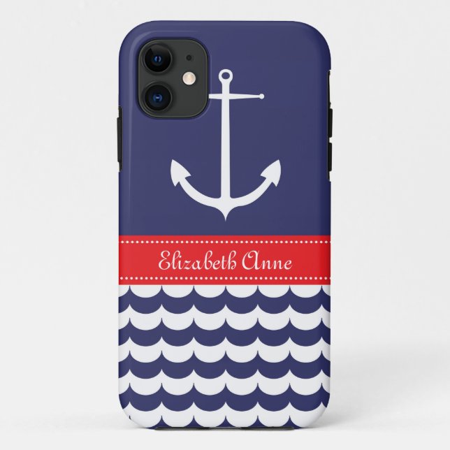 Anchor with Waves and Custom Name in Navy & Red Case-Mate iPhone Case (Back)