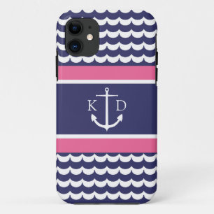 Anchor with Waves and Monogram Navy & Pink iPhone 11 Case