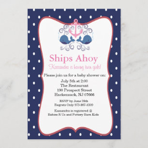 Anchor With Whales for Twin Baby Shower Invitation