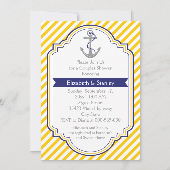 Anchor yellow nautical wedding couples shower invitation (Front)