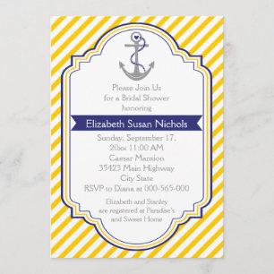 Anchor yellow white nautical wedding bridal shower invitation
