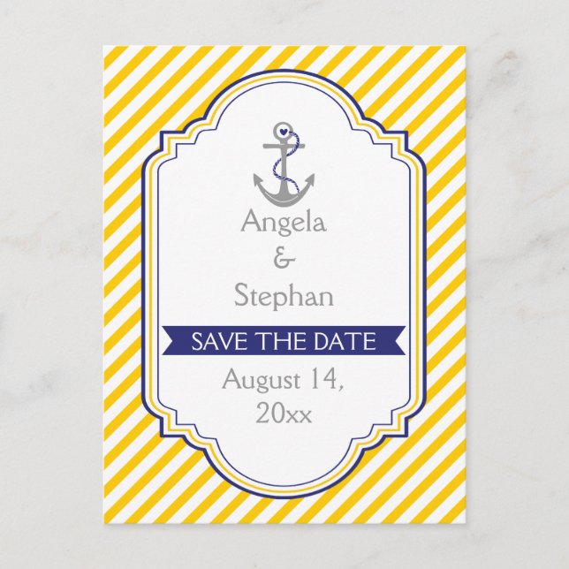 Anchor yellow white nautical wedding Save the Date Announcement Postcard (Front)