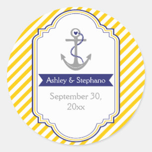 Anchor yellow white nautical wedding Save the Date Classic Round Sticker