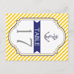 Anchor yellow, white nautical wedding table number postcard