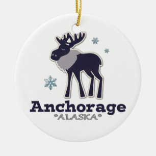 Anchorage Alaska blue moose winter Ceramic Tree Decoration
