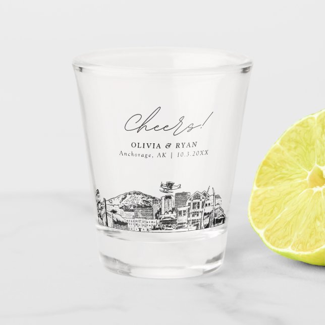Anchorage Wedding Favour Personalised Cheers Shot Glass (Front)