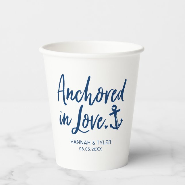 Anchored In Love Beach Nautical Wedding Paper Cups (Front)