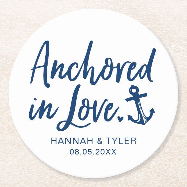 Anchored In Love Beach Nautical Wedding Round Paper Coaster (Front)