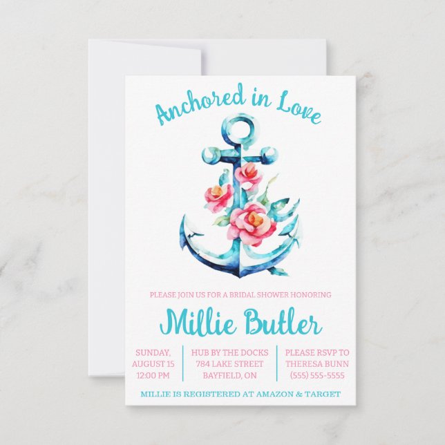 Anchored in Love! Floral Boat Anchor Bridal Shower Invitation (Front)