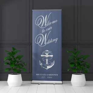 Anchored in Love Nautical Blue Anchor Wedding  Retractable Banner