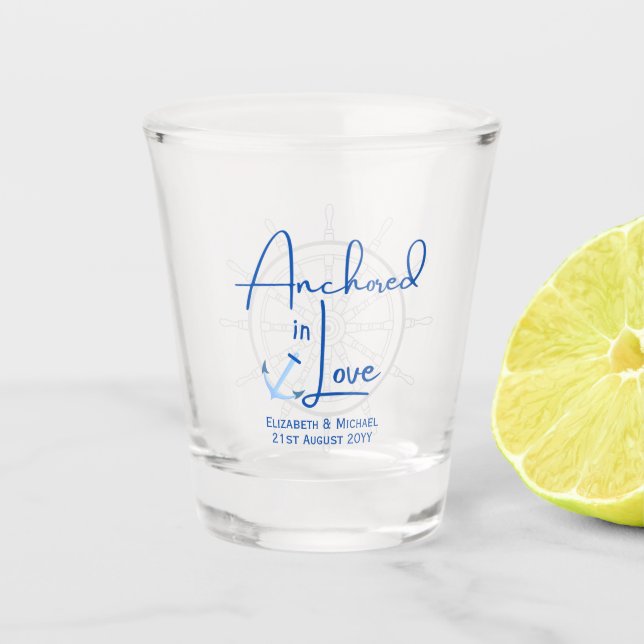 Anchored in Love Wedding Favour Personalised Gift Shot Glass (Front)