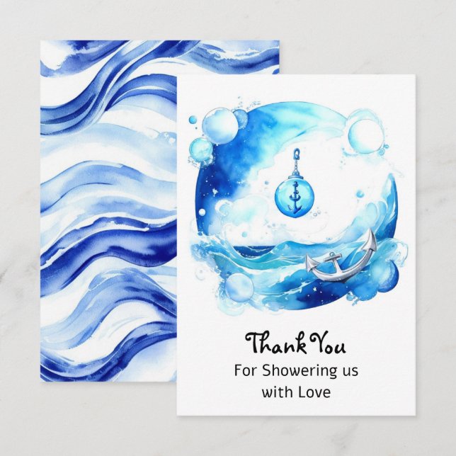 Anchored Love Nautical Boy Baby Shower Thank You Card (Front/Back)