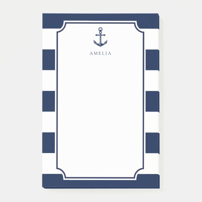 Anchored Name | Navy Blue Nautical Themed Post-it Notes (Front)
