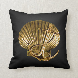 Anchored Seashell Nautical   black & gold Cushion
