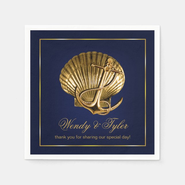 Anchored Seashell Nautical Cocktail Party | navy Napkin (Front)