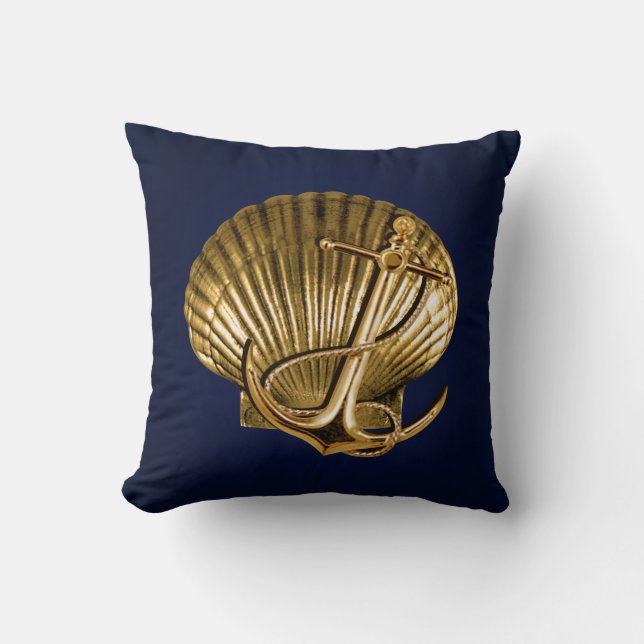 Anchored Seashell Nautical | navy & gold Cushion (Front)