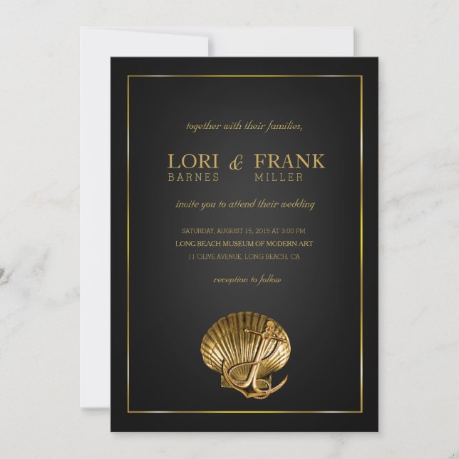 Anchored Seashell Nautical Wedding | black & gold Invitation (Front)