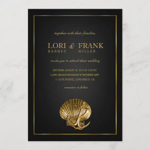 Anchored Seashell Nautical Wedding   black & gold Invitation