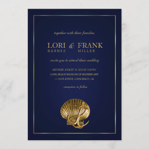 Anchored Seashell Nautical Wedding   navy and gold Invitation