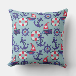 Anchors and Sailboats Blue and Red Nautical Cushion