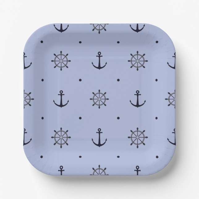 Anchors and Ships Wheel Pattern Blue   Paper Plate (Front)