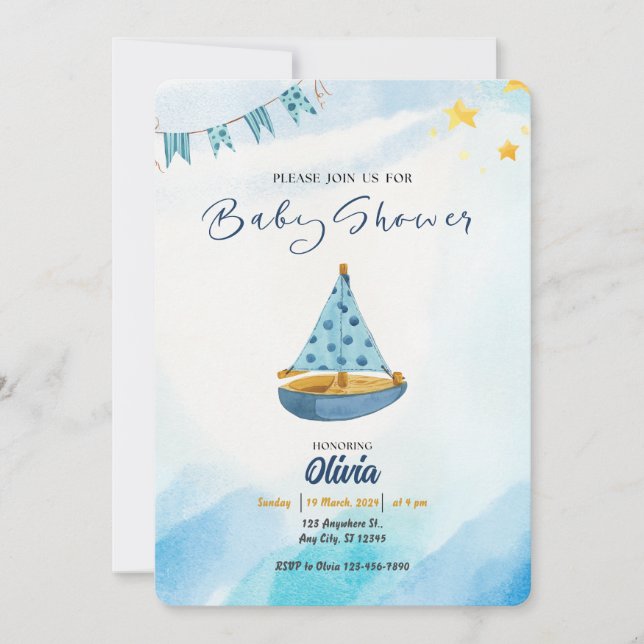 Anchors Away: Blue Watercolor Boat Baby Shower Invitation (Front)