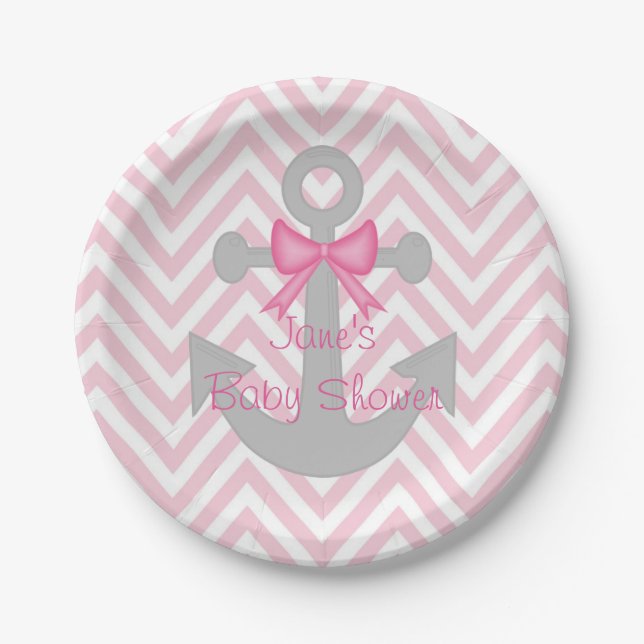 Anchors Away Girl Baby Shower Paper Plates (Front)