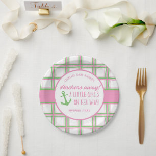 Anchors Away Girl Nautical Baby Shower Paper Plate