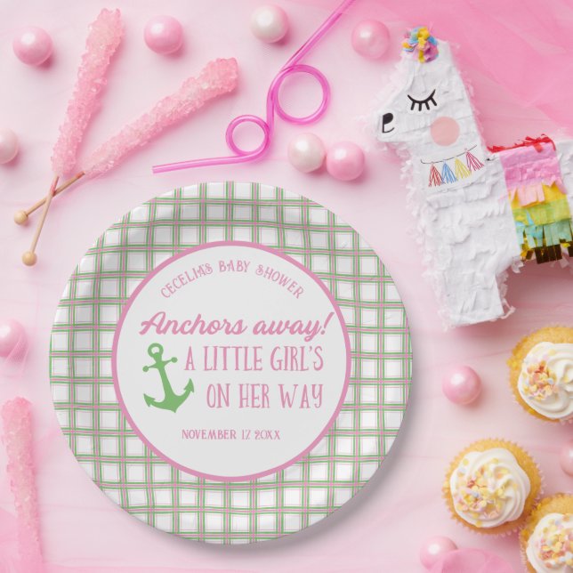Anchors Away Girl Nautical Baby Shower Paper Plate (Party)