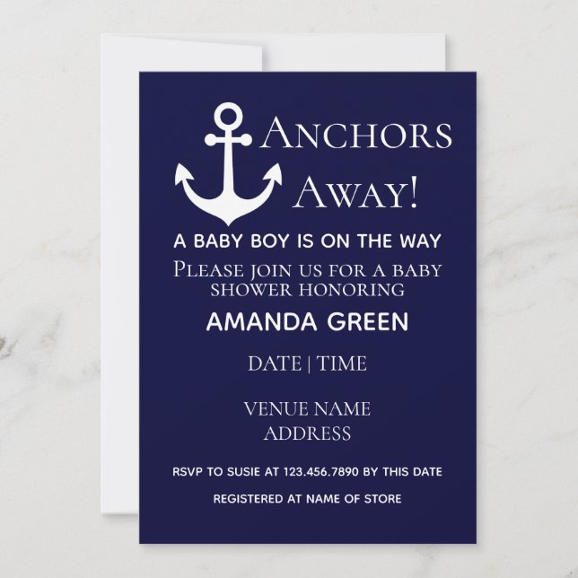 Anchors Away Navy Blue Nautical Baby Shower Invitation (Front)