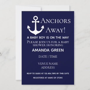 Anchors Away Navy Blue Nautical Baby Shower Invitation