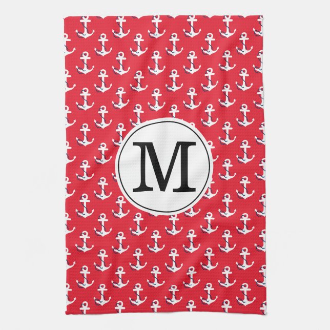 Anchors Away! Red Custom Monogrammed Golf Bag Tea Towel (Vertical)