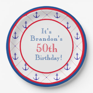 Anchors Away Red White Blue 50th Birthday Paper Plate