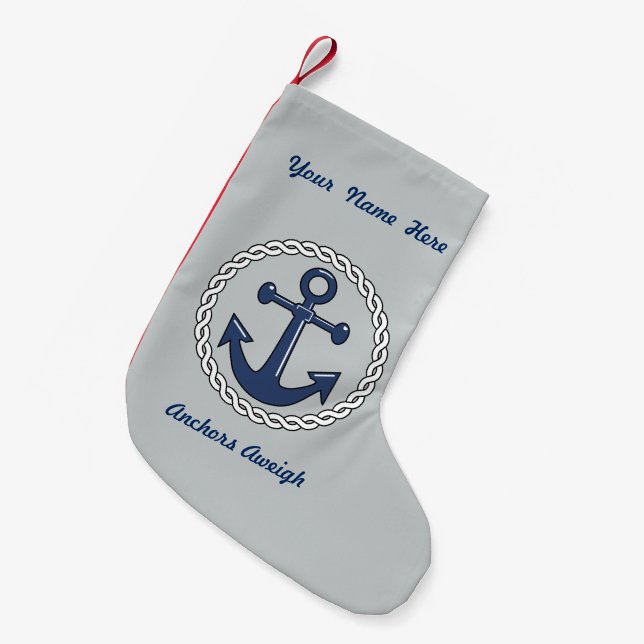 Anchors Aweigh Grey Personalised Small Christmas Stocking (Front (Hanging))